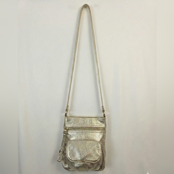 ✨ B. Makowski Champagne Gold Leather Crossbody 🥂 Metallic Boho Chic Bag ✨ - Picture 2 of 16